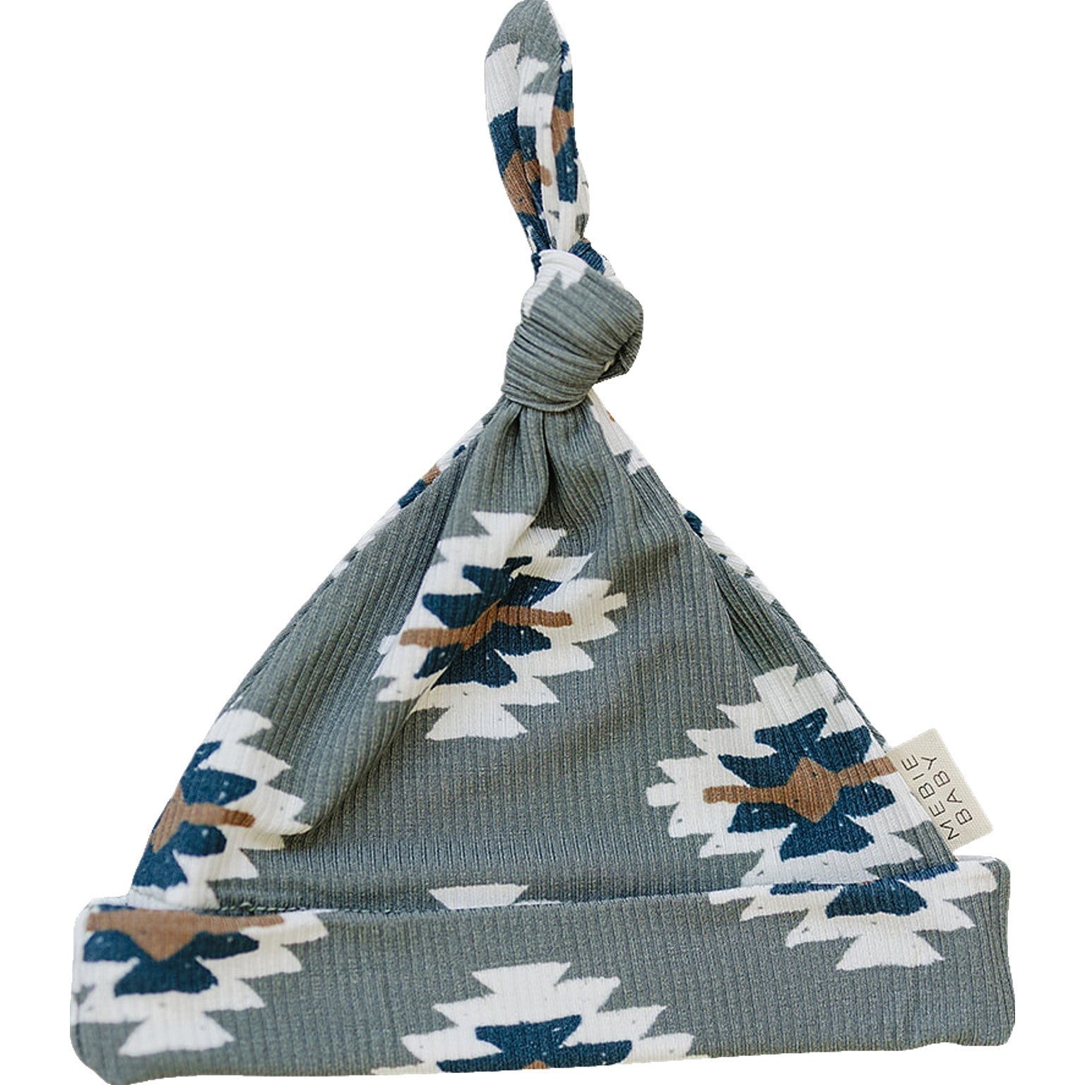 Newborn knot hat with a Southwest Aztec pattern in soft ribbed bamboo fabric.