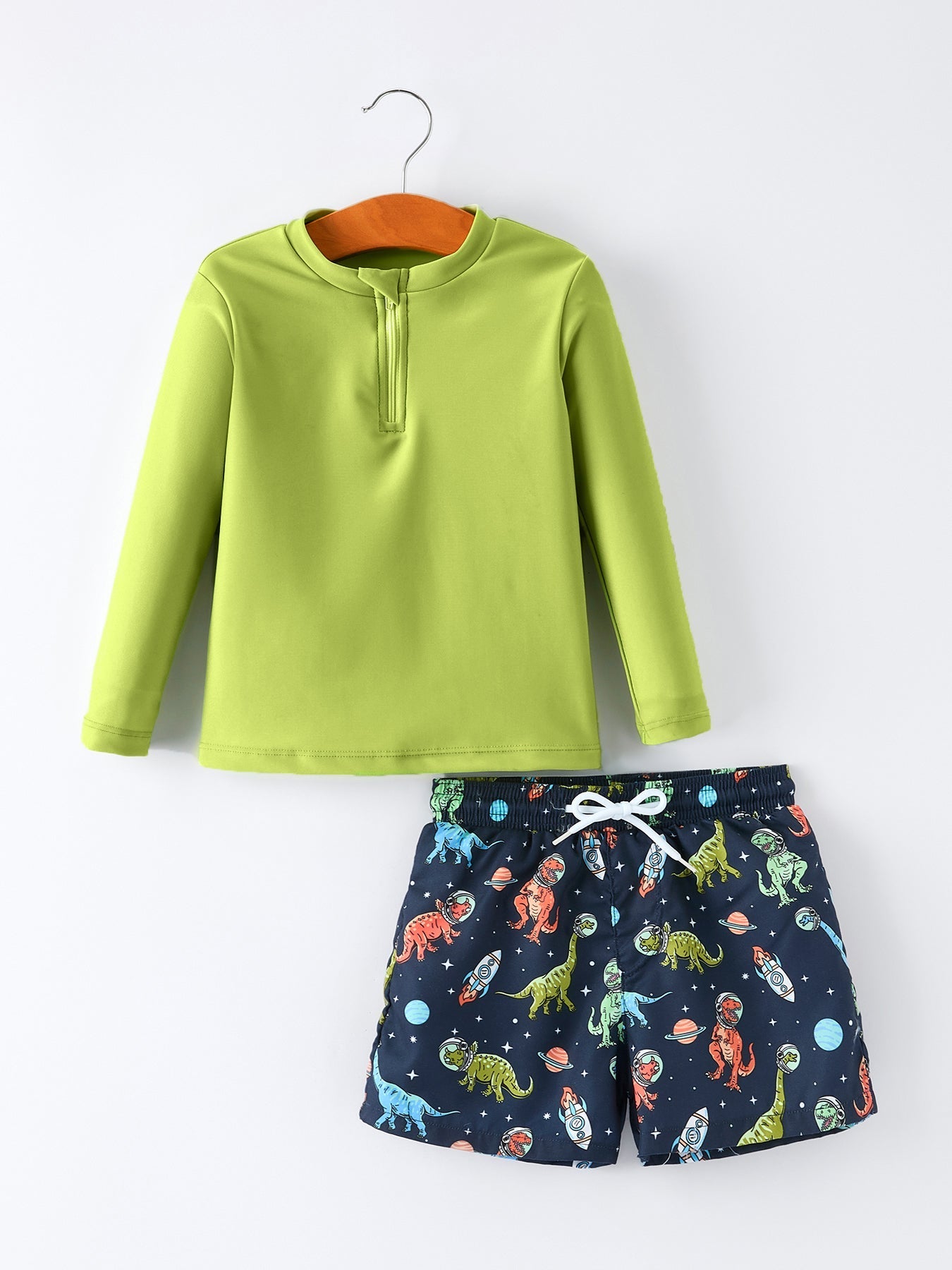 Rylee Faith Designs Space Dinosaur Boys Two Piece Swimsuit Long Sleeve
