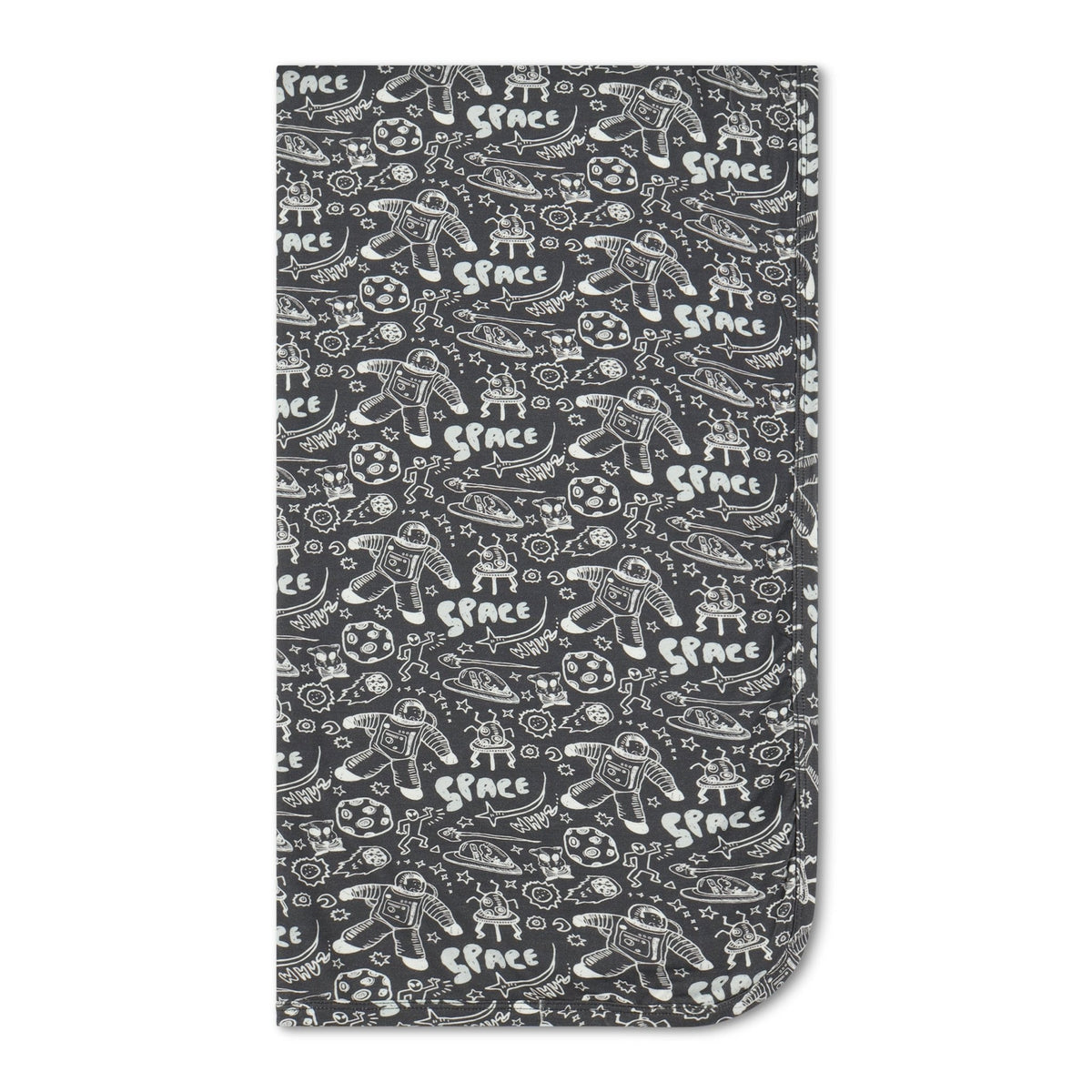 Space Dreams swaddle blanket with a space-themed print, spread flat to show the square shape.