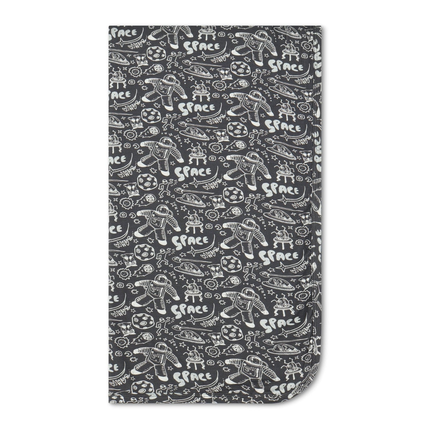 Space Dreams swaddle blanket with a space-themed print, spread flat to show the square shape.
