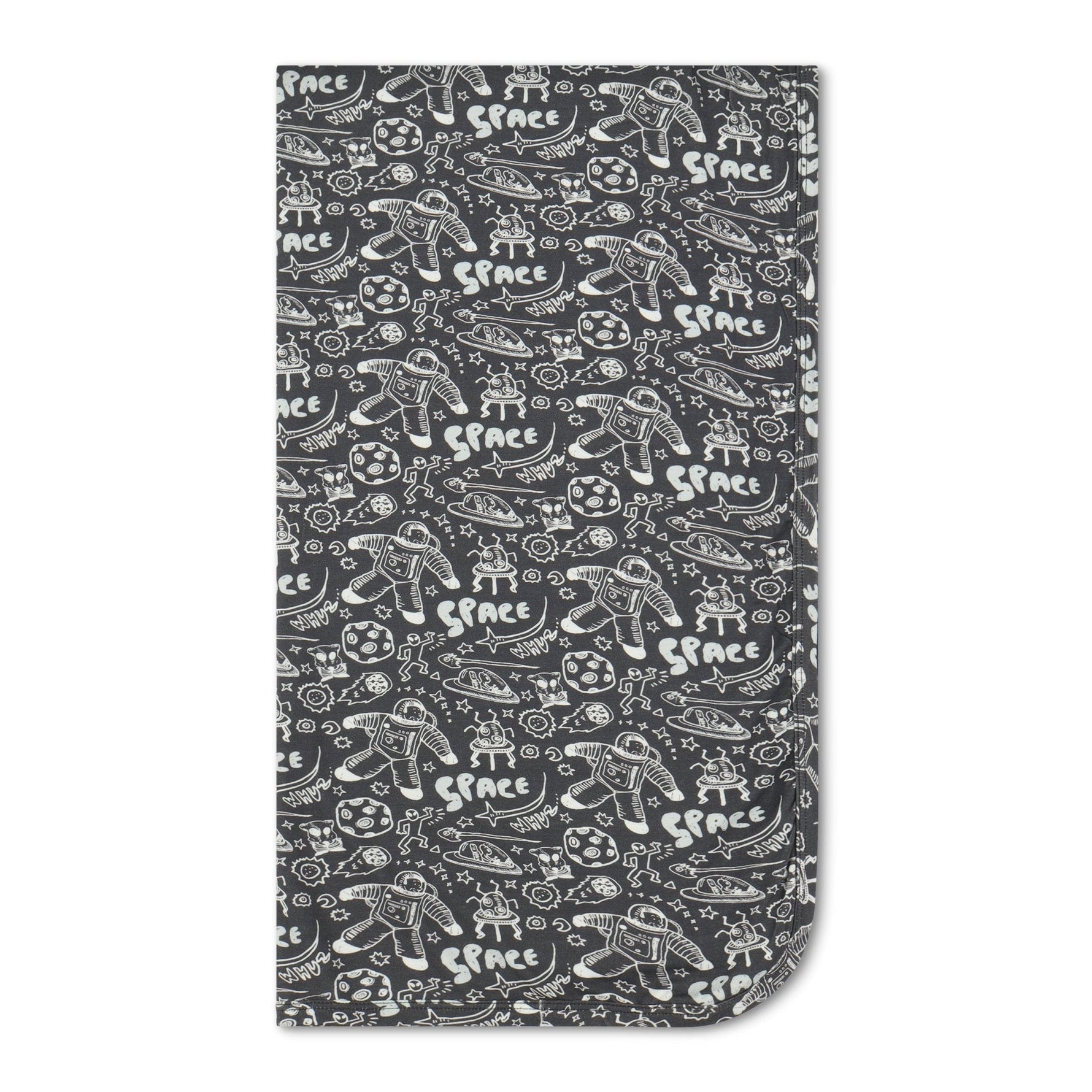 Space Dreams swaddle blanket with a space-themed print, spread flat to show the square shape.