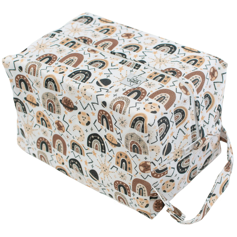 Space Rainbow - Pod with colorful rainbow and celestial print, featuring a snap handle and zipper top.