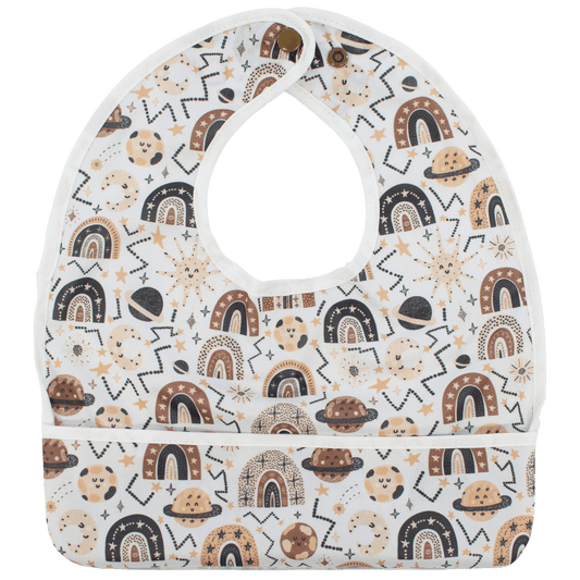 Space Rainbow Flip Bib With Pocket For Food And Drool Machine Washable Water Resistant Texas Tushies