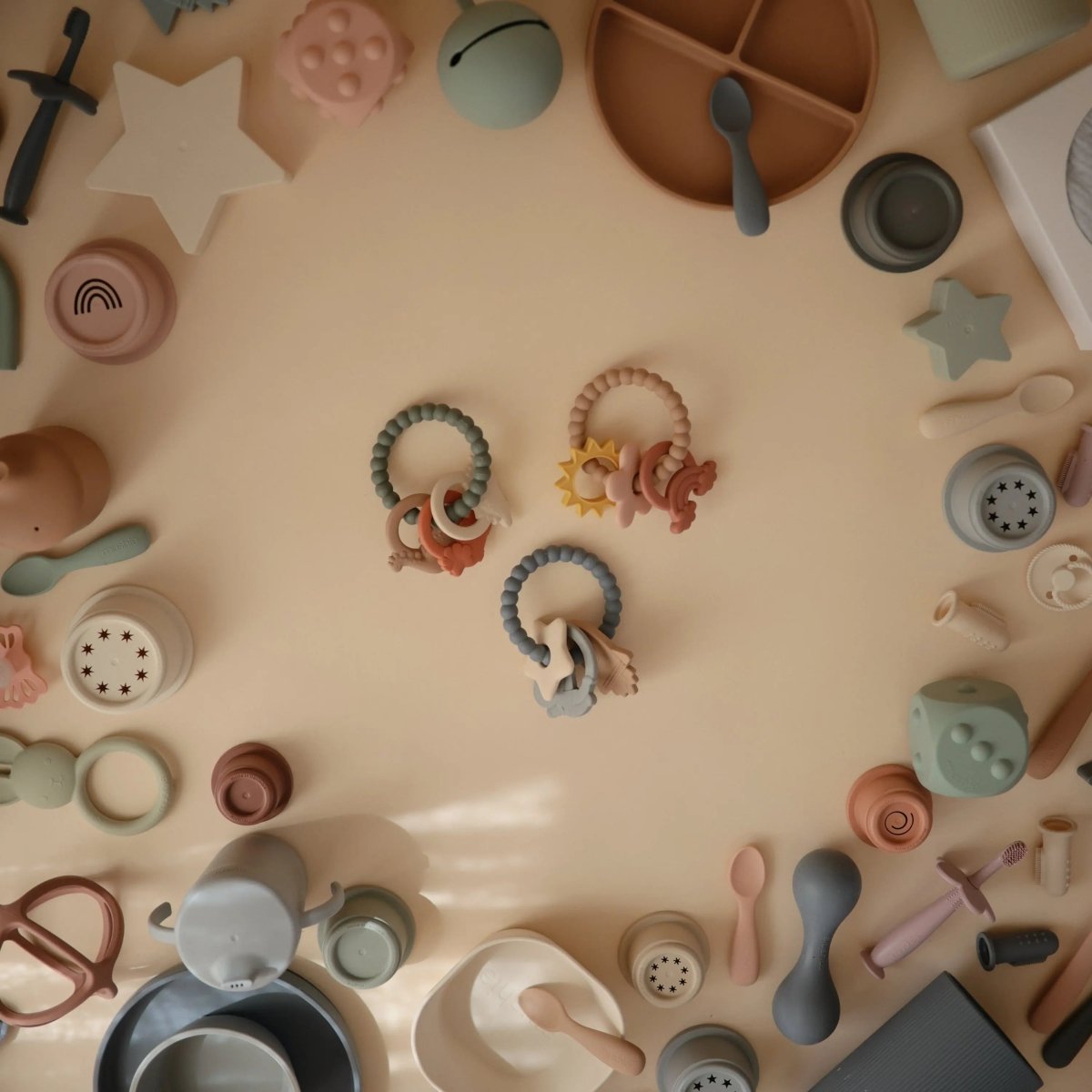 Mushie Space Teething Ring for Babies with Textured Moon and Star Shapes Made from 100 Percent Food Grade Silicone -