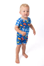 Space Dinosaur Bamboo Short Romper | Electric Blue by Rayn’s Tiny Stitches