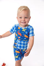 Space Dinosaur Bamboo Short Romper | Electric Blue by Rayn’s Tiny Stitches