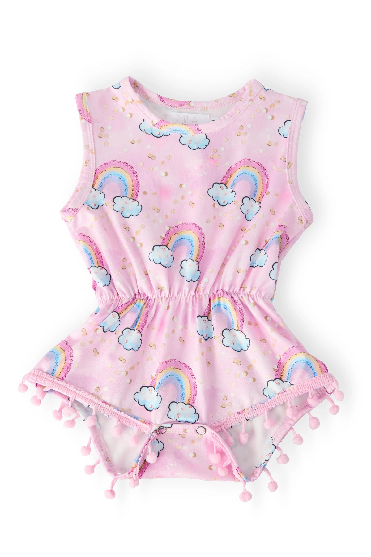 Sparkling Rainbows Pom Pom Romper - Baby & Toddler Clothing, Textile, Pink, One-piece garment, Child | Everetts Place