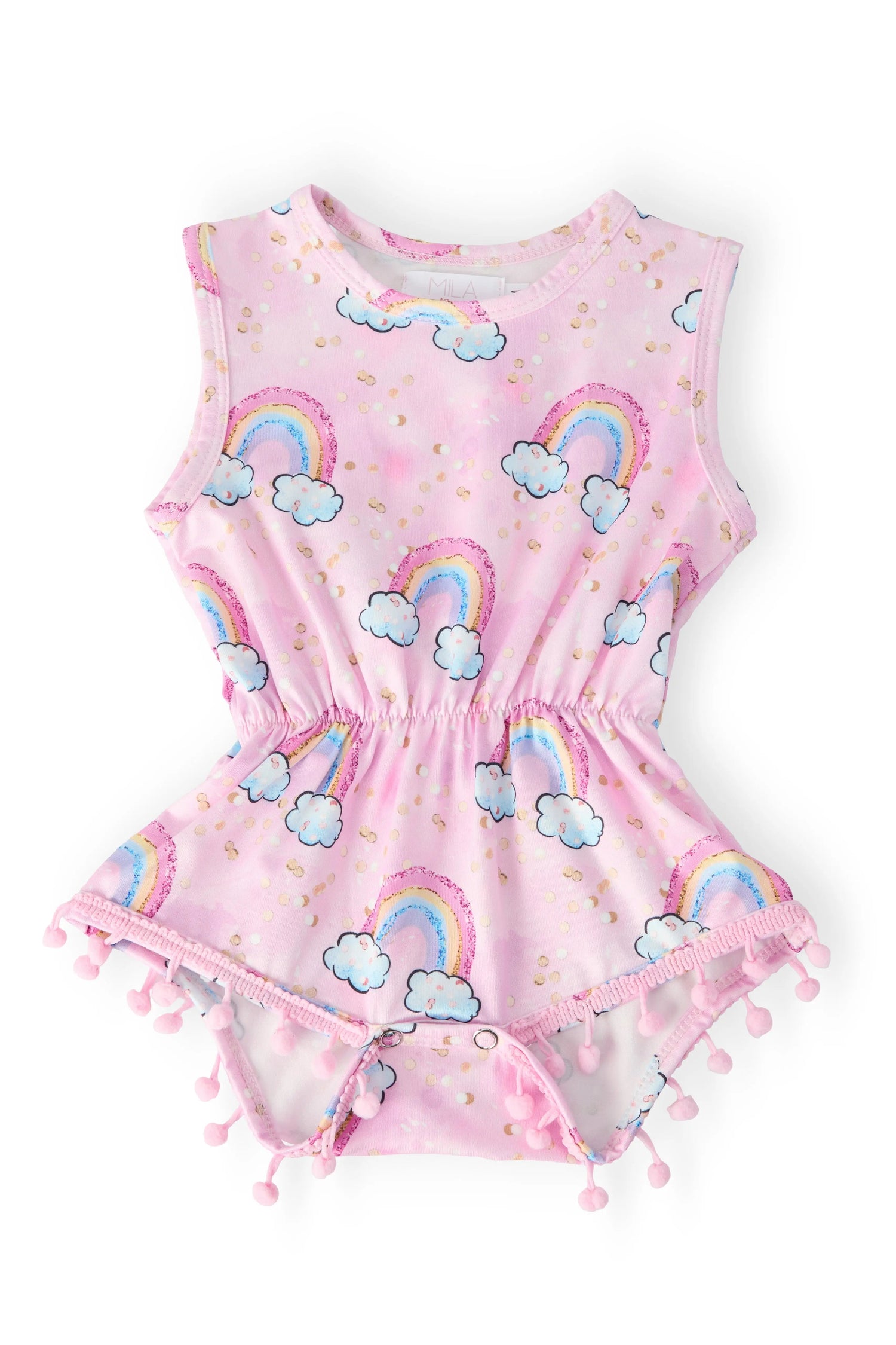 Sparkling Rainbows Pom Pom Romper - Baby & Toddler Clothing, Textile, Pink, One-piece garment, Child | Everetts Place