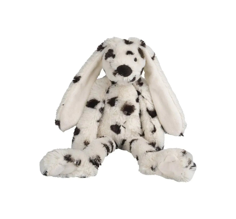Tiny Special Rabbit Richie plush toy with black and white spots, 11 inches tall.