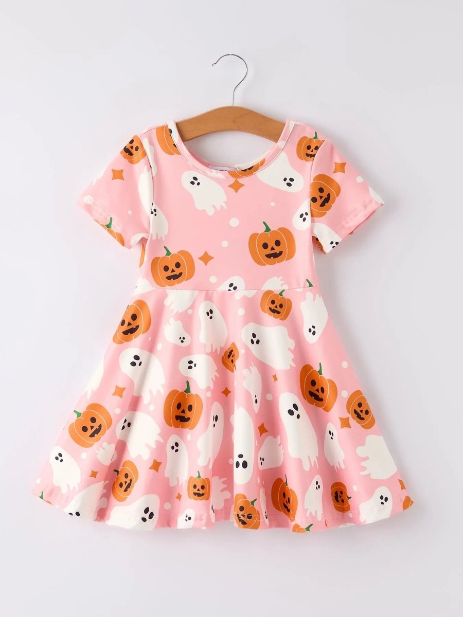 Rylee Faith Designs Spooky Halloween Ghost Pumpkin Print Dress with Short Sleeves for Women - 