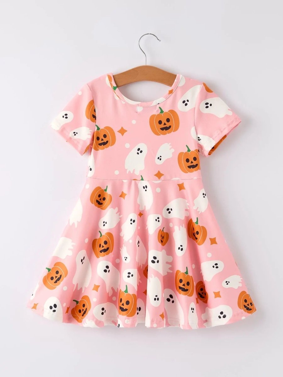 Rylee Faith Designs Spooky Halloween Ghost Pumpkin Print Dress with Short Sleeves for Women - 