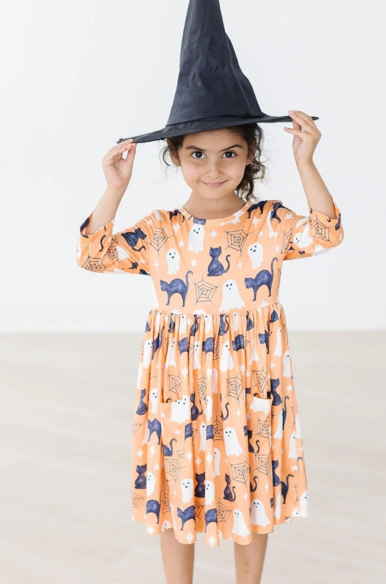 Mila & Rose ® Spooky Kitty 3/4 Sleeve Pocket Twirl Dress - 