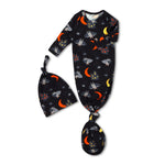 Baby gown and matching hat printed with Halloween Spooky Nights designs, featuring fold-over hand mittens on the sleeves.