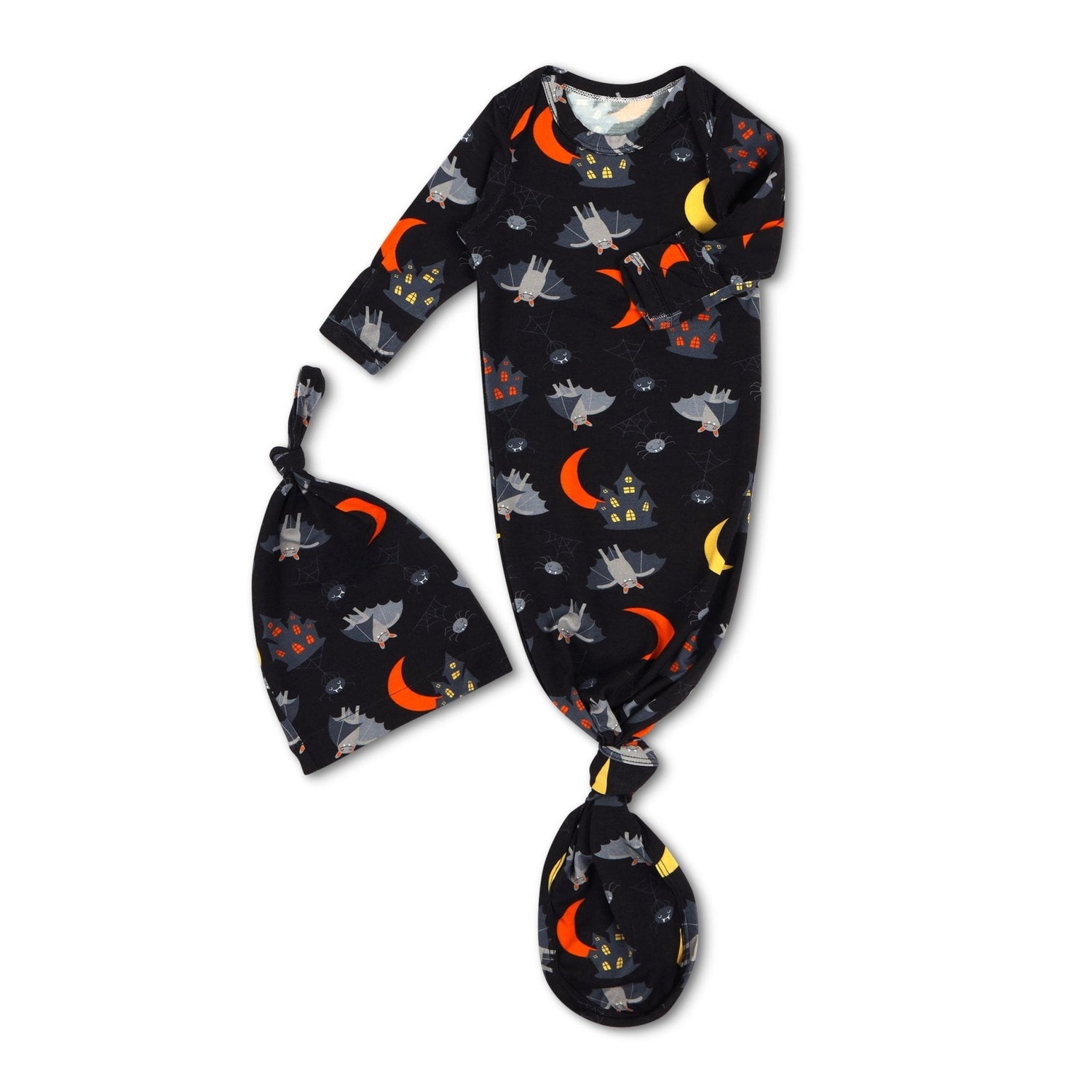 Baby gown and matching hat printed with Halloween Spooky Nights designs, featuring fold-over hand mittens on the sleeves.