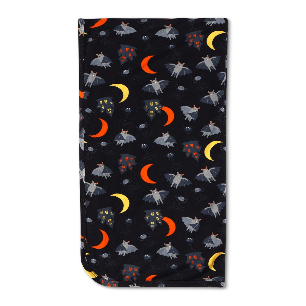 Swaddle blanket with a moon, stars, and crescent night sky pattern spread flat