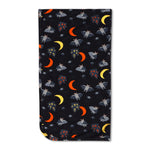 Swaddle blanket with a moon, stars, and crescent night sky pattern spread flat