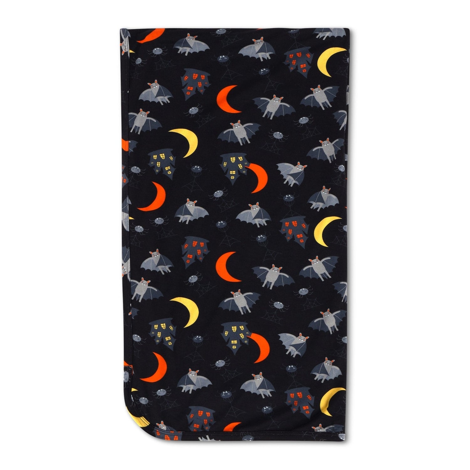 Swaddle blanket with a moon, stars, and crescent night sky pattern spread flat