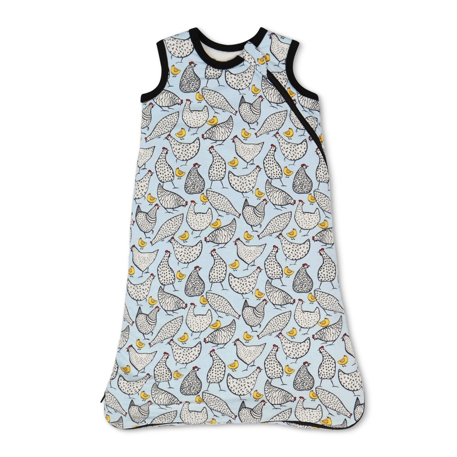 Sleeveless baby sleep bag with a spring chicken print and full-length zipper