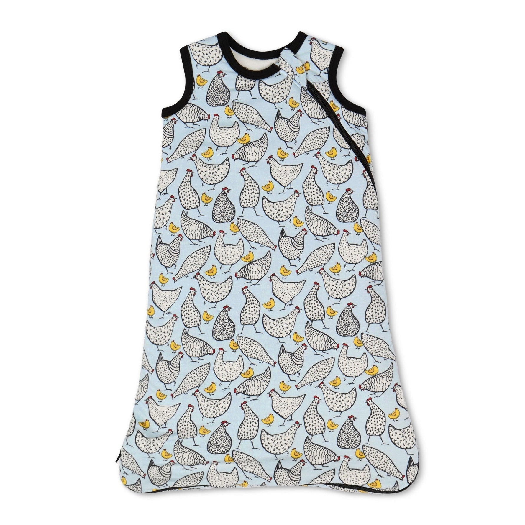 Sleeveless baby sleep bag with a spring chicken print and full-length zipper