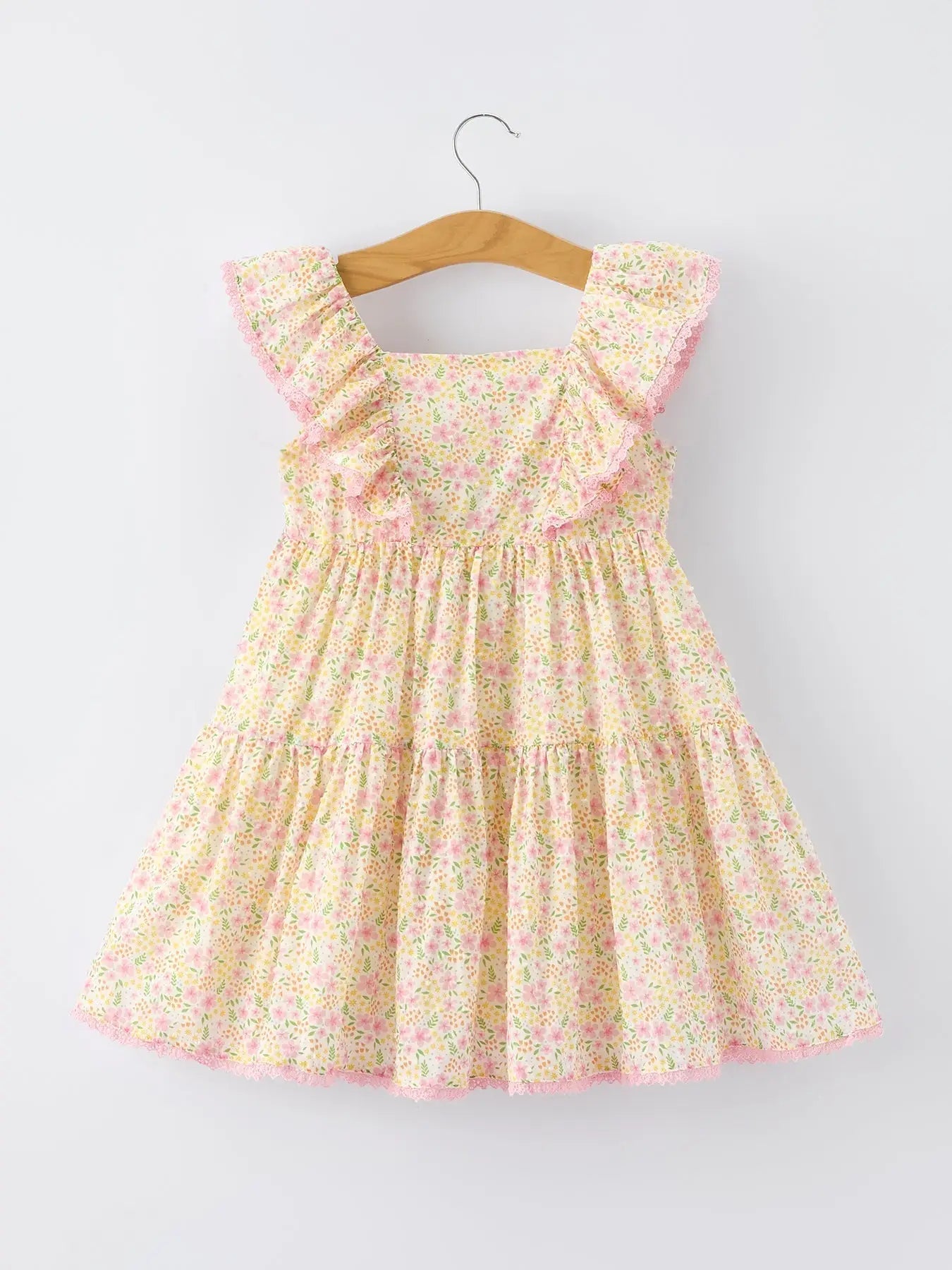 Rylee Faith Designs Spring Floral Girls Ruffle Dress With Bow Straw Hat Set - 