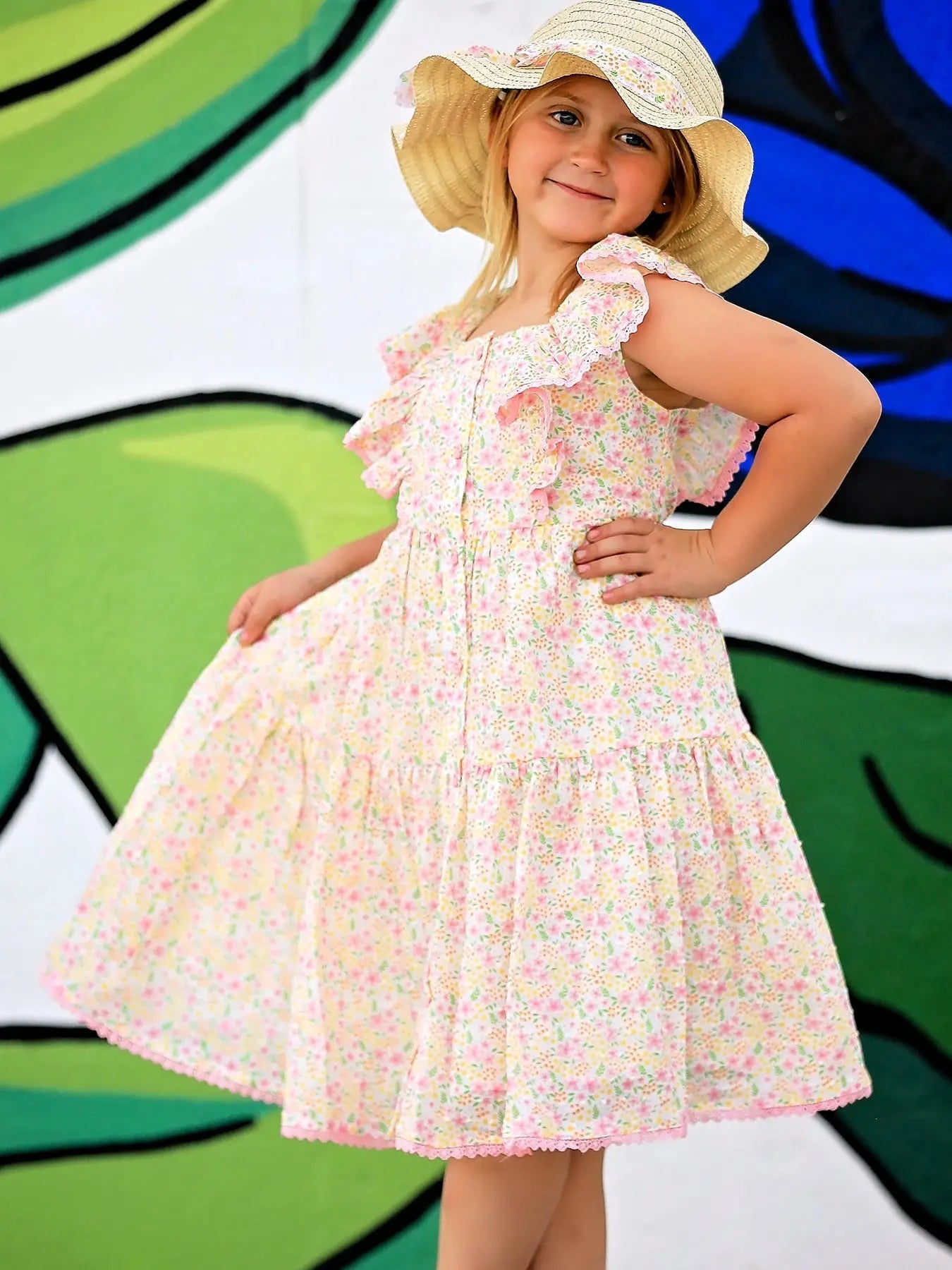 Rylee Faith Designs Spring Floral Girls Ruffle Dress With Bow Straw Hat Set - 
