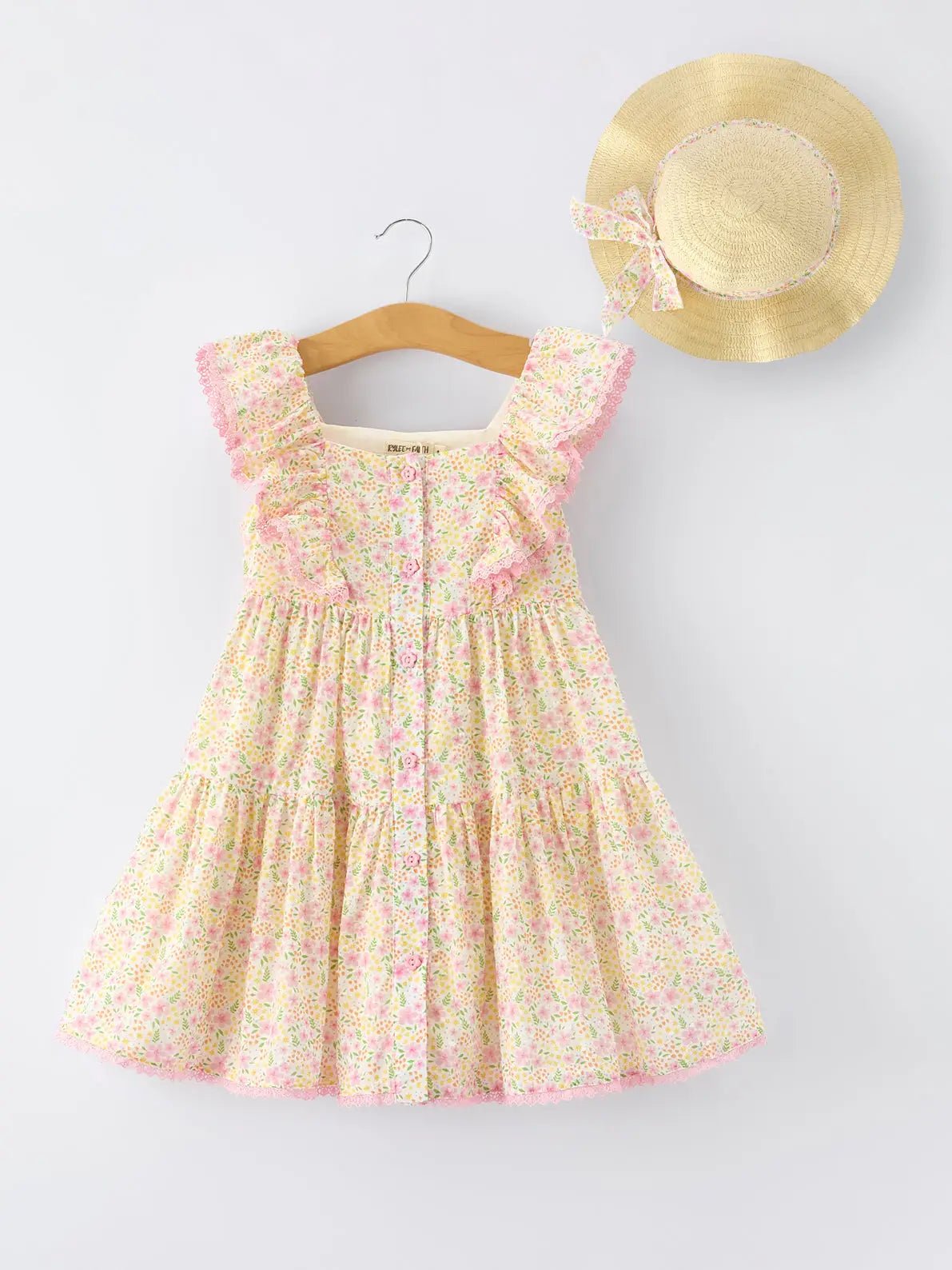 Rylee Faith Designs Spring Floral Girls Ruffle Dress With Bow Straw Hat Set - 