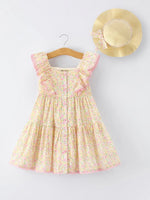 Rylee Faith Designs Spring Floral Girls Ruffle Dress With Bow Straw Hat Set - 