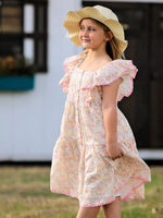Rylee Faith Designs Spring Floral Girls Ruffle Dress With Bow Straw Hat Set - 