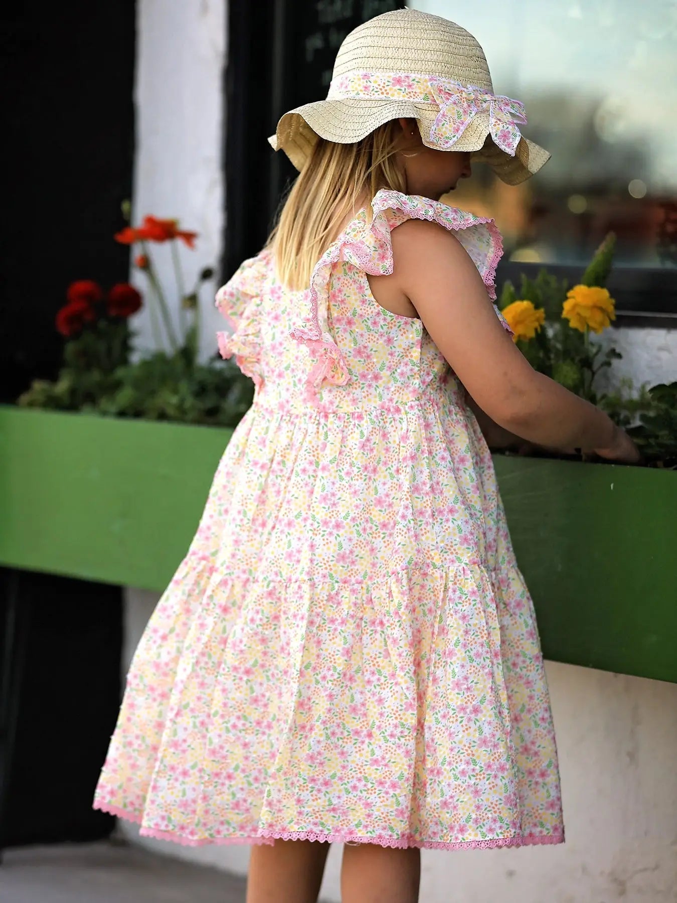 Rylee Faith Designs Spring Floral Girls Ruffle Dress With Bow Straw Hat Set - 