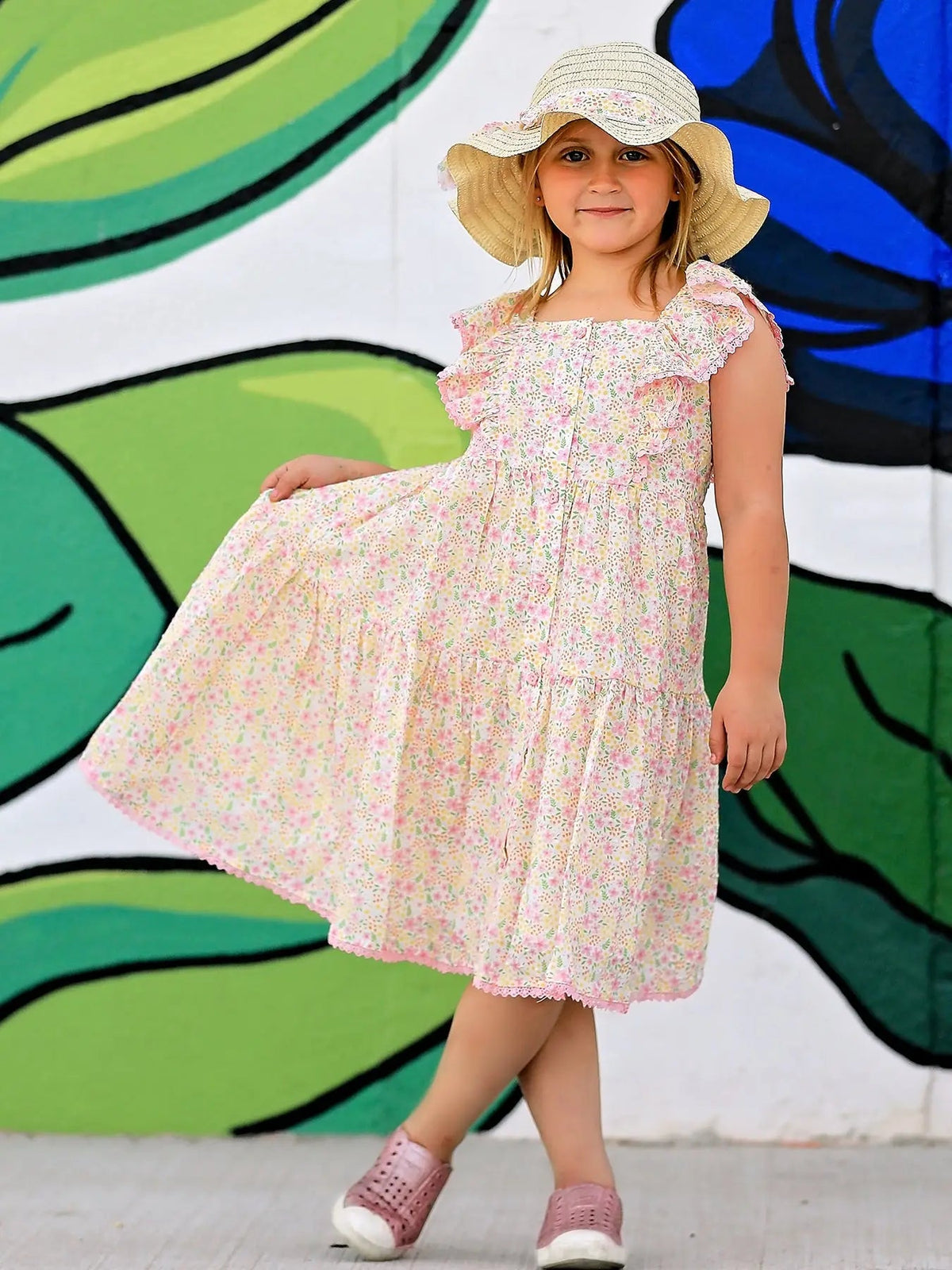 Rylee Faith Designs Spring Floral Girls Ruffle Dress With Bow Straw Hat Set - 