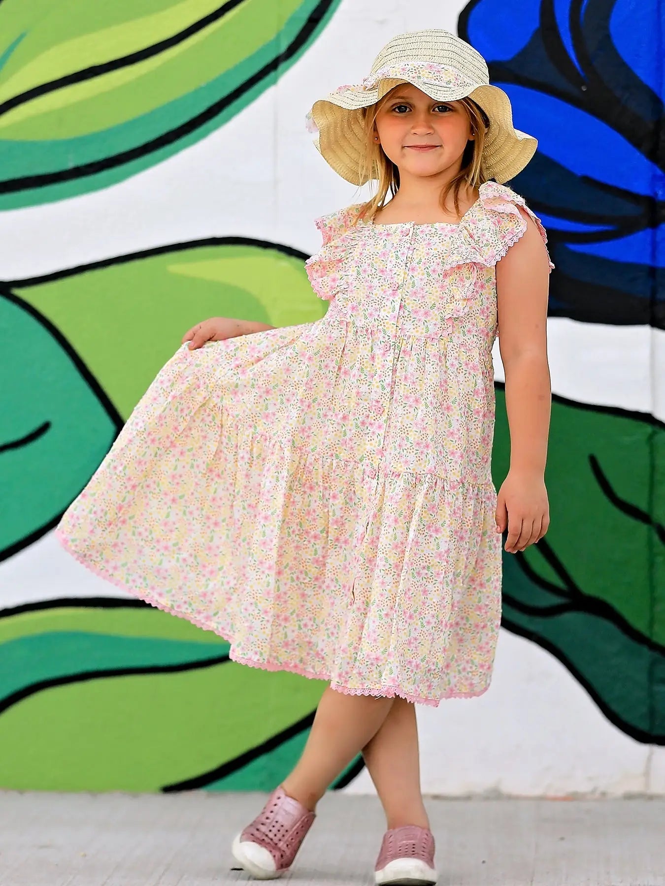 Rylee Faith Designs Spring Floral Girls Ruffle Dress With Bow Straw Hat Set - 