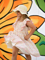 Rylee Faith Designs Spring Floral Girls Ruffle Dress With Bow Straw Hat Set - 