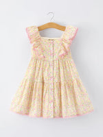 Rylee Faith Designs Spring Floral Girls Ruffle Dress With Bow Straw Hat Set - 
