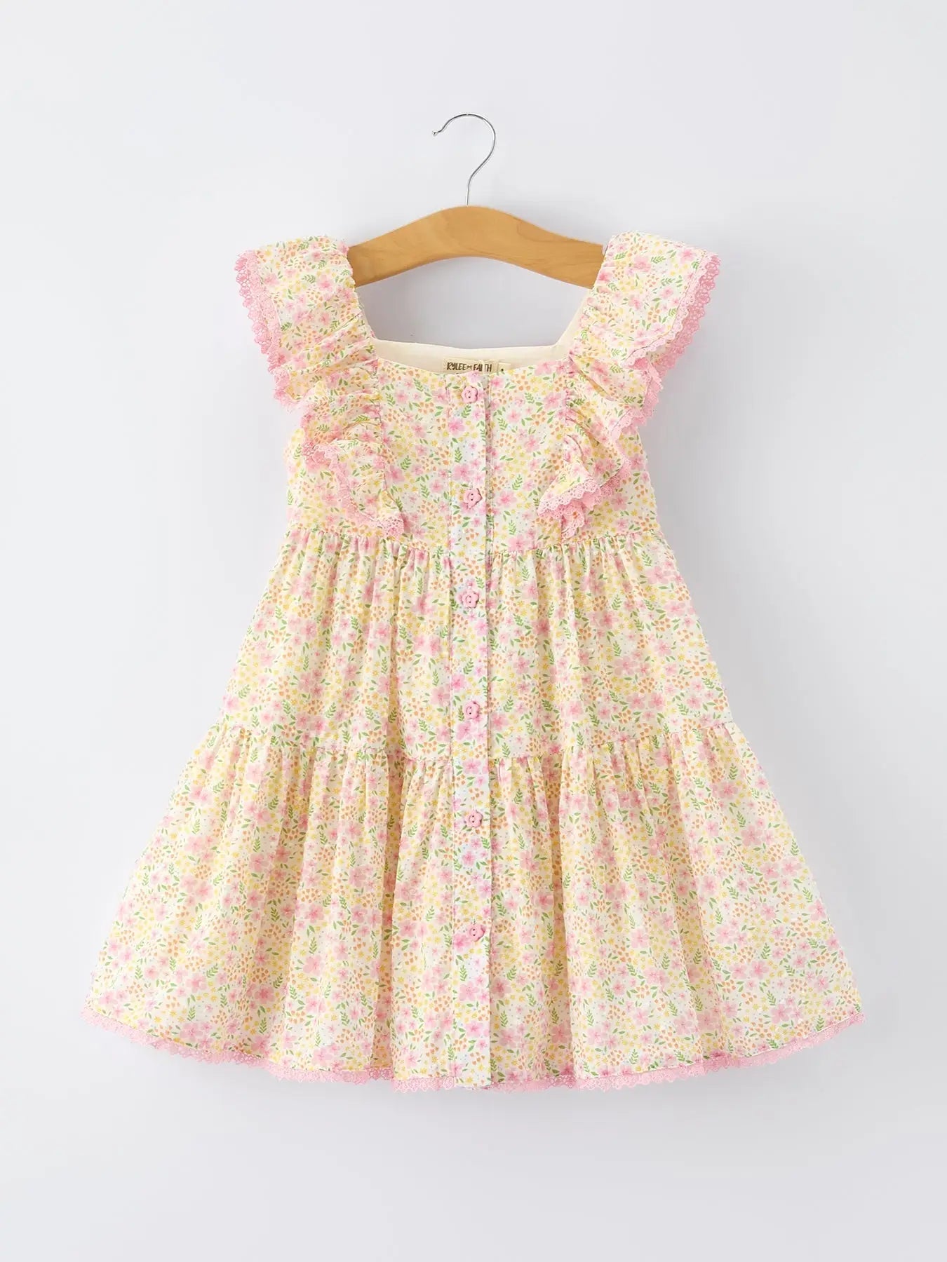Rylee Faith Designs Spring Floral Girls Ruffle Dress With Bow Straw Hat Set - 