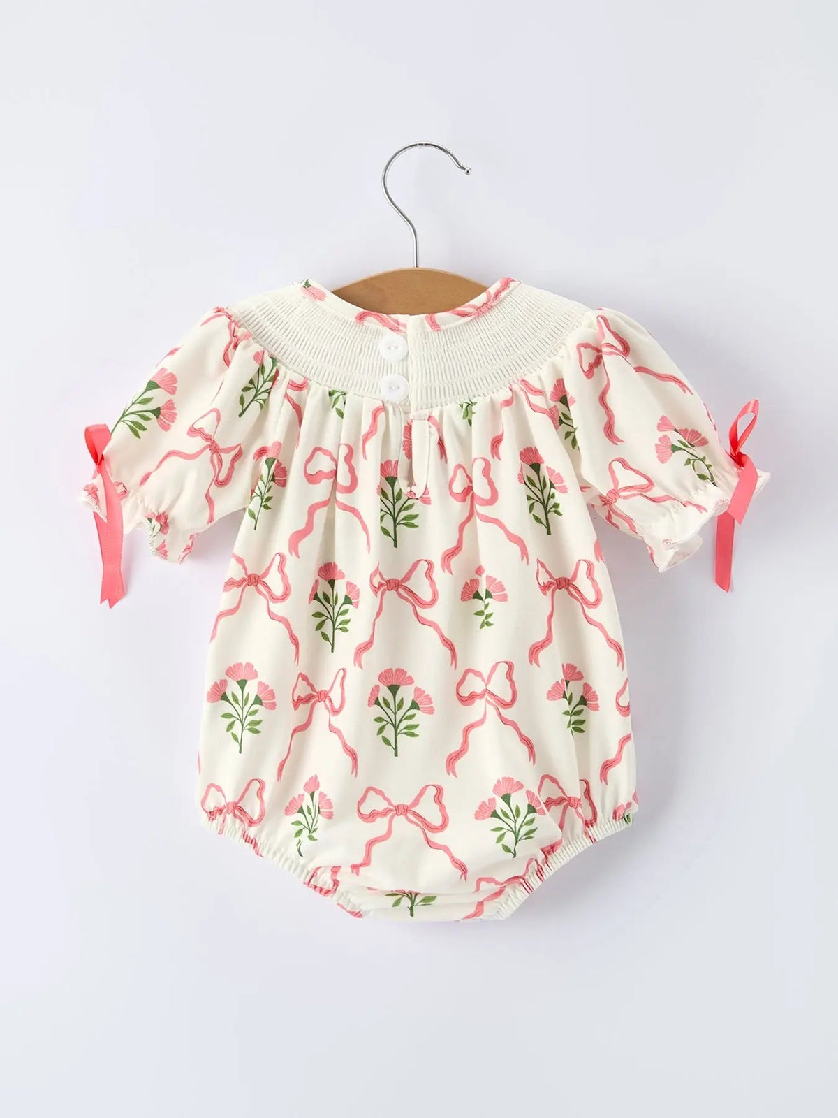 Rylee Faith Designs Spring Floral Smocking Embroidery Bow Baby Girls Romper - 
