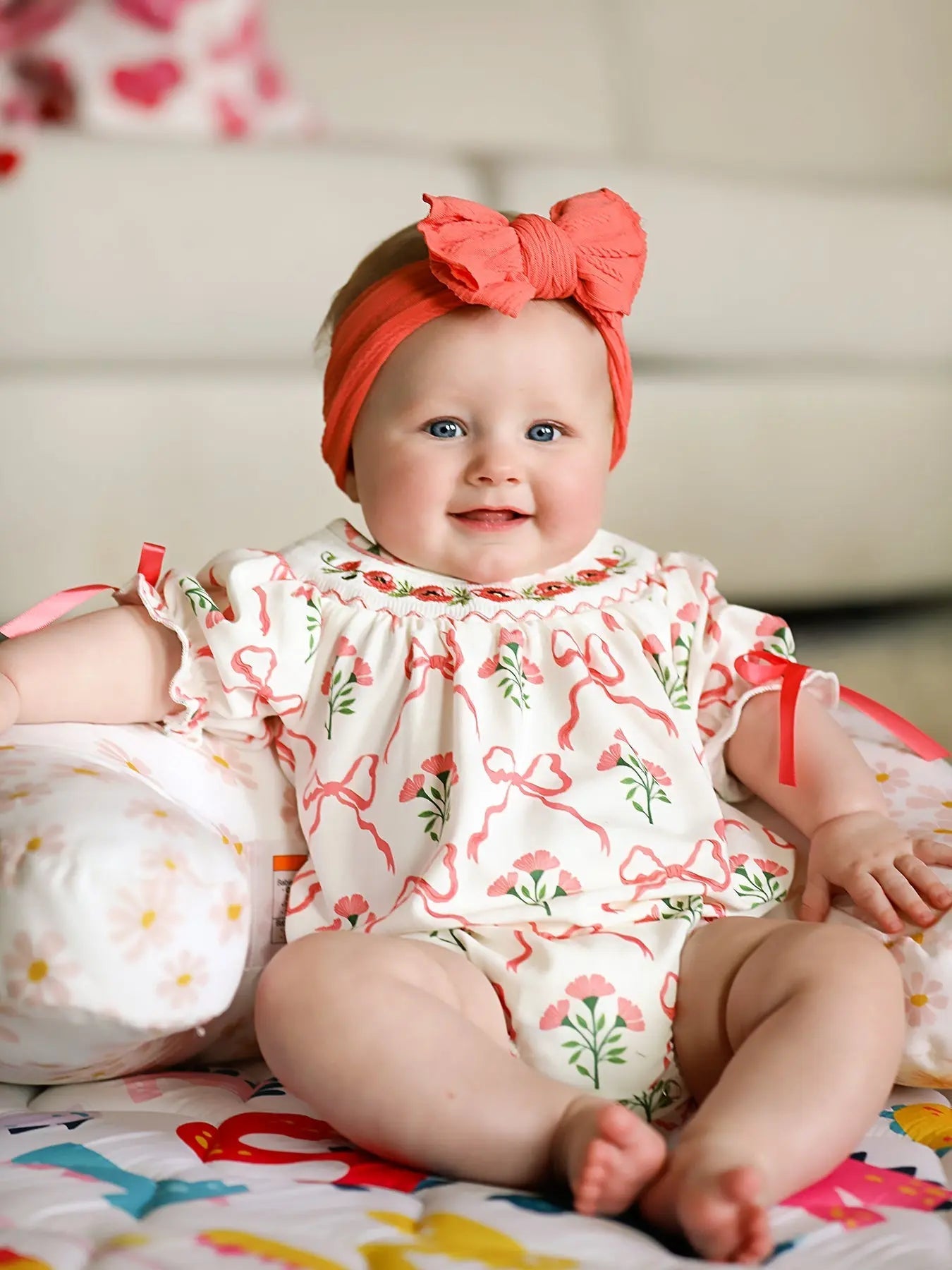 Rylee Faith Designs Spring Floral Smocking Embroidery Bow Baby Girls Romper - 