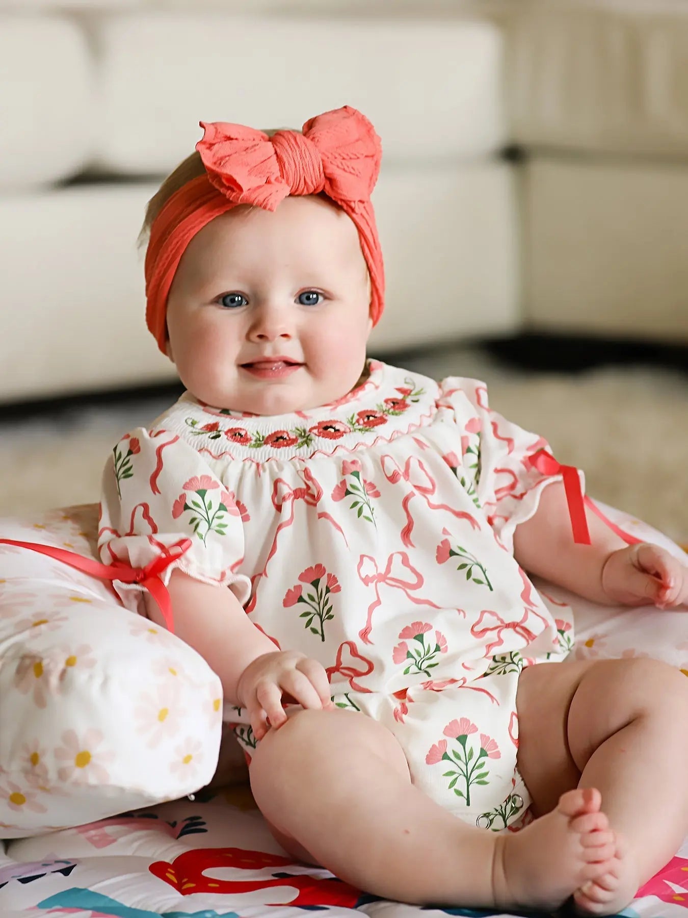 Rylee Faith Designs Spring Floral Smocking Embroidery Bow Baby Girls Romper - 