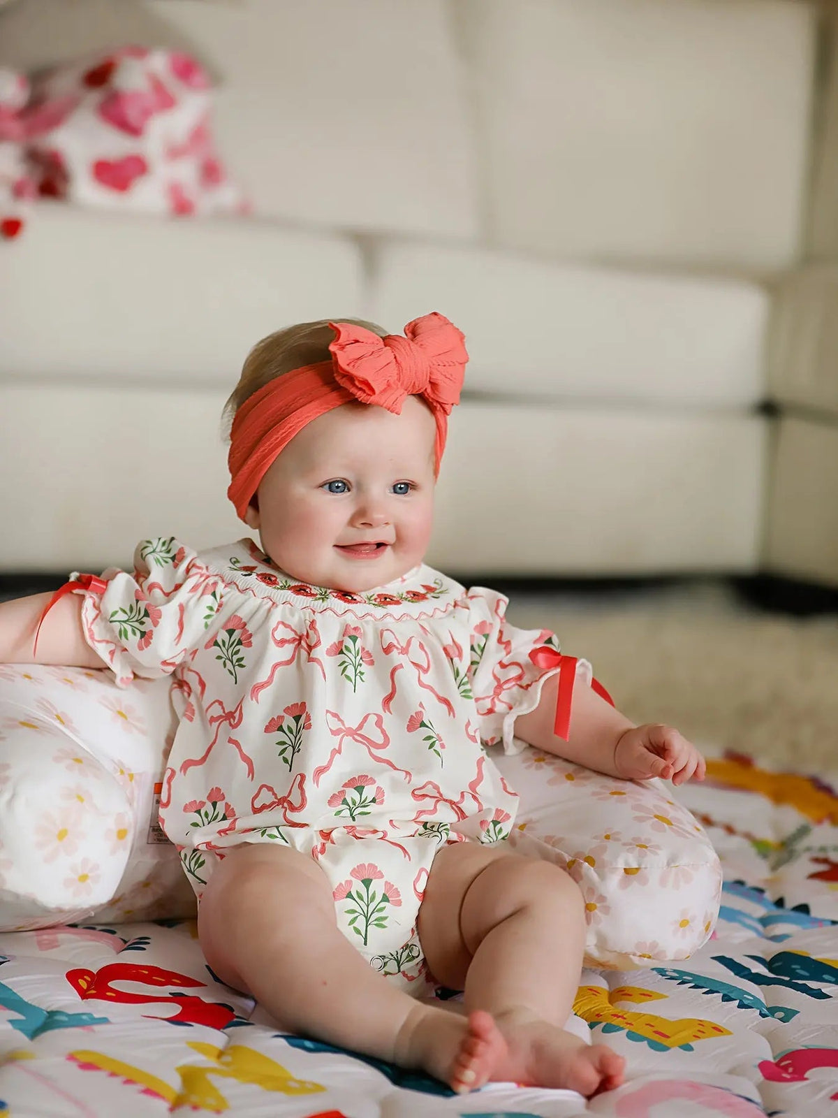 Rylee Faith Designs Spring Floral Smocking Embroidery Bow Baby Girls Romper - 