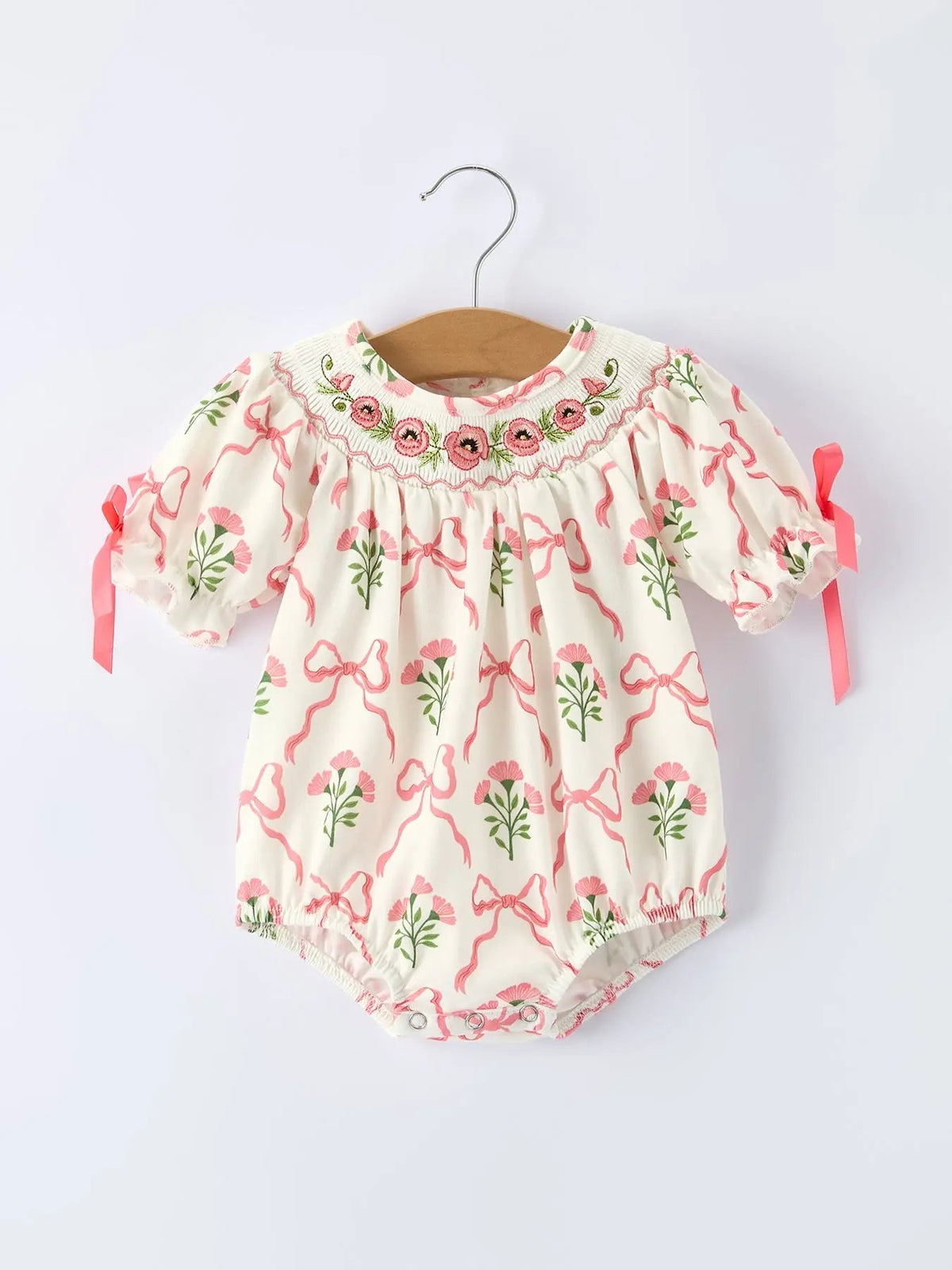 Rylee Faith Designs Spring Floral Smocking Embroidery Bow Baby Girls Romper - 