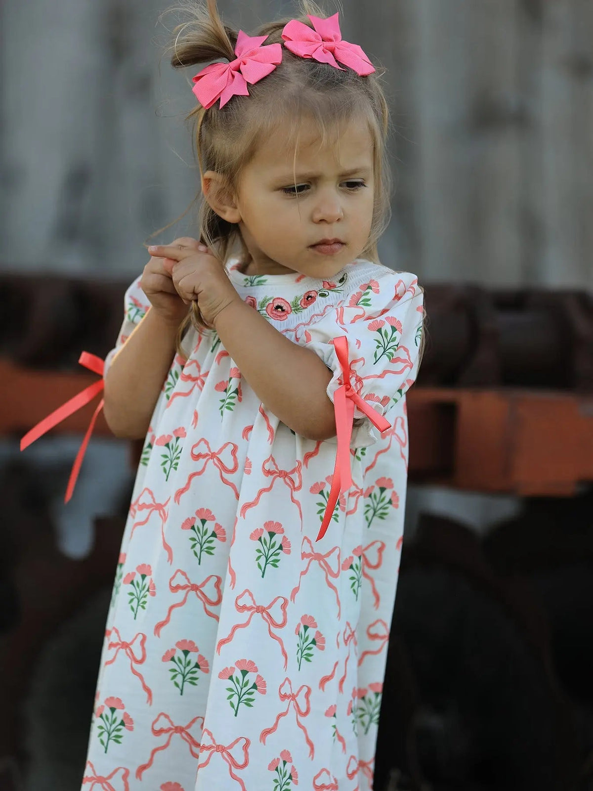 Rylee Faith Designs Spring Floral Smocking Embroidery Bow Girls Dress - 