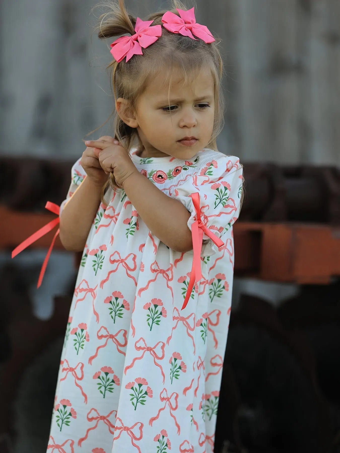 Rylee Faith Designs Spring Floral Smocking Embroidery Bow Girls Dress - 
