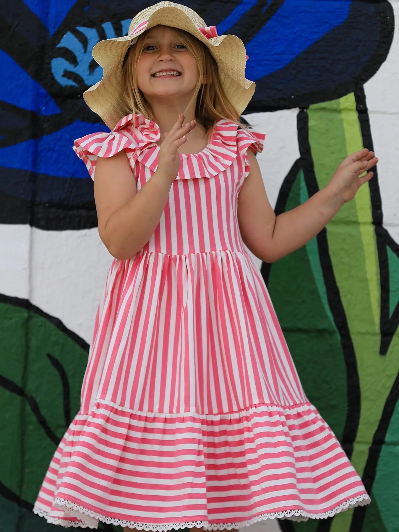 Rylee Faith Designs Spring Pink Striped Ruffled Girls' Dress with Hat - 