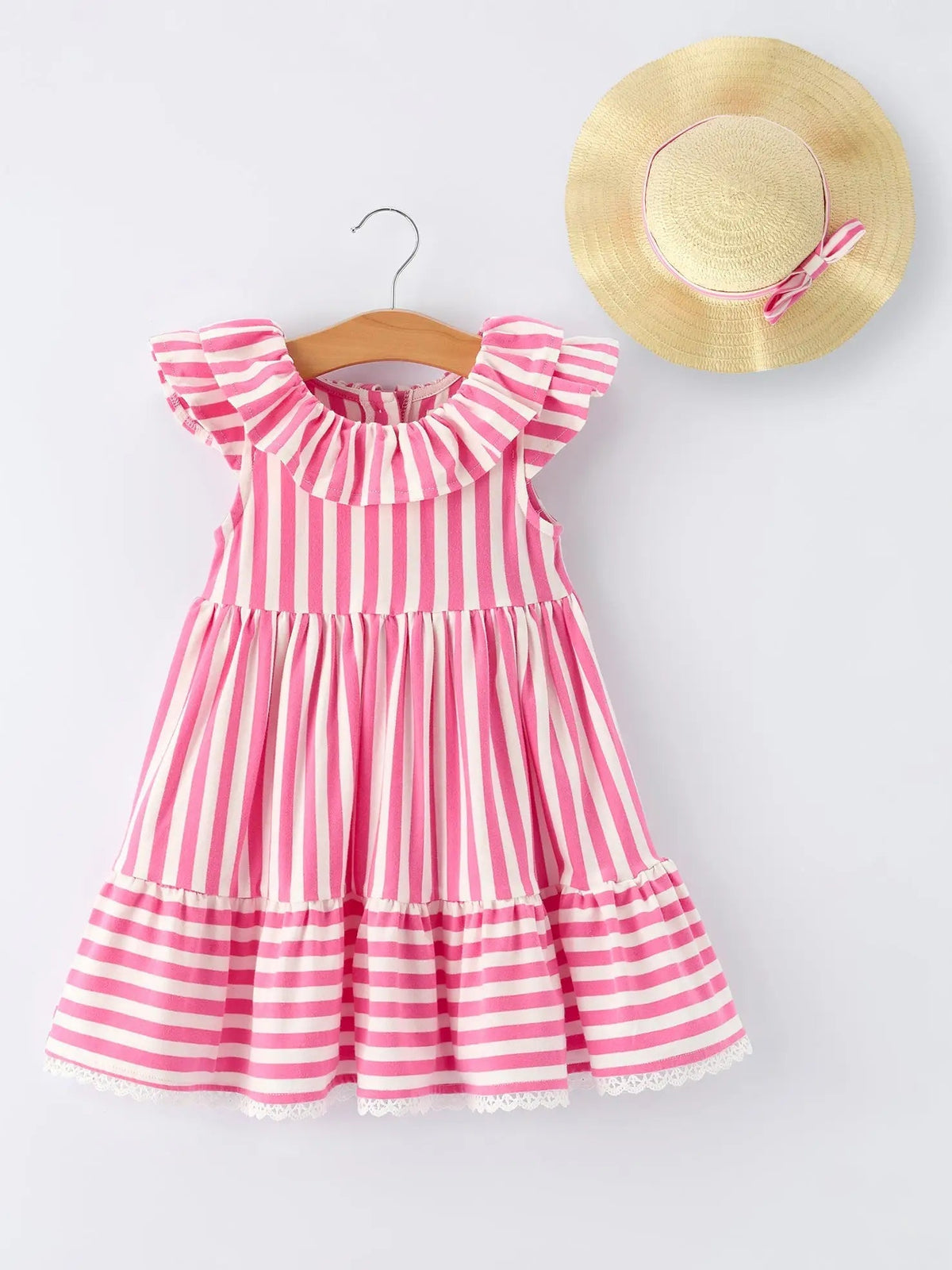 Rylee Faith Designs Spring Pink Striped Ruffled Girls' Dress with Hat - 