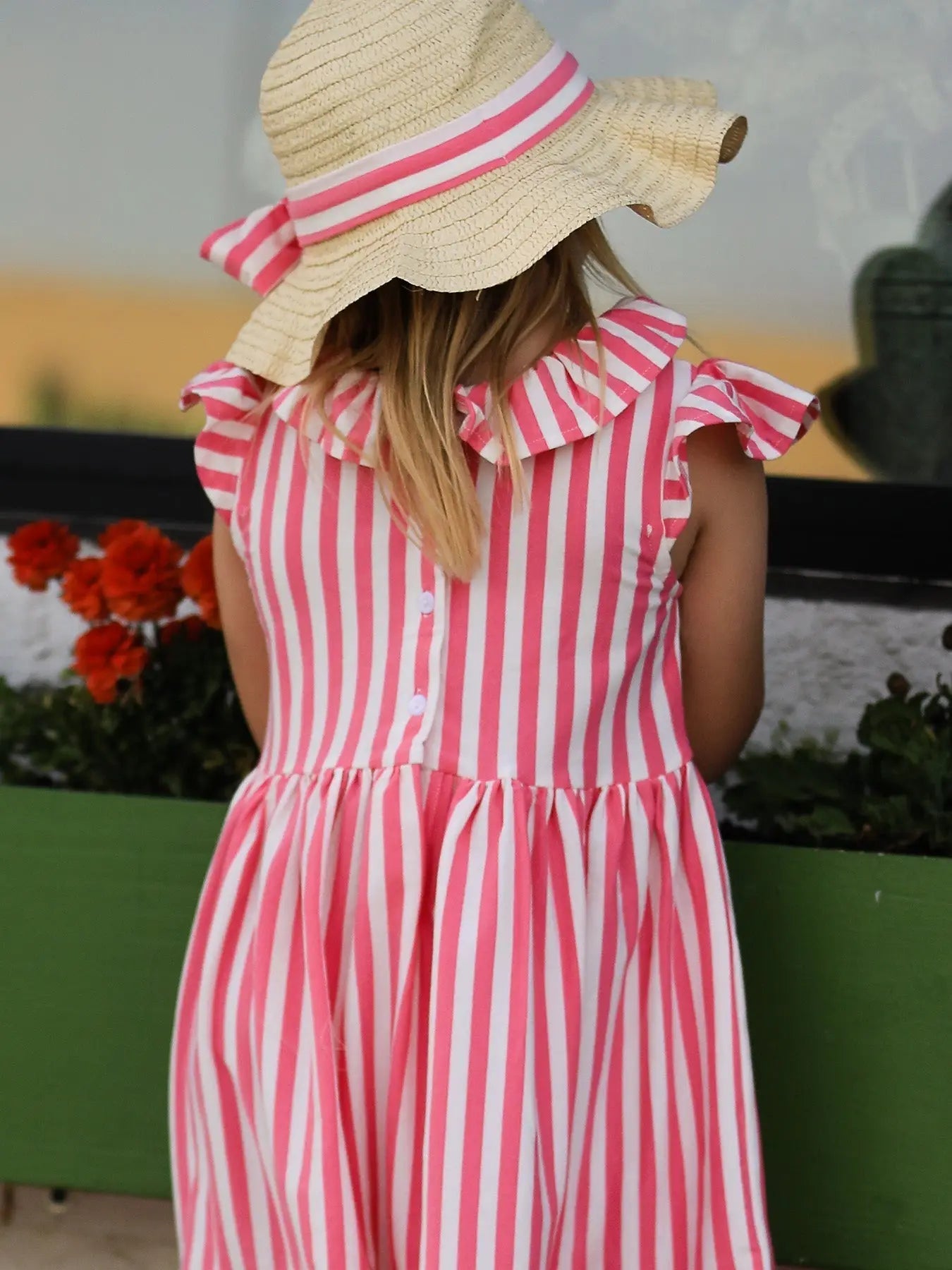 Rylee Faith Designs Spring Pink Striped Ruffled Girls' Dress with Hat - 