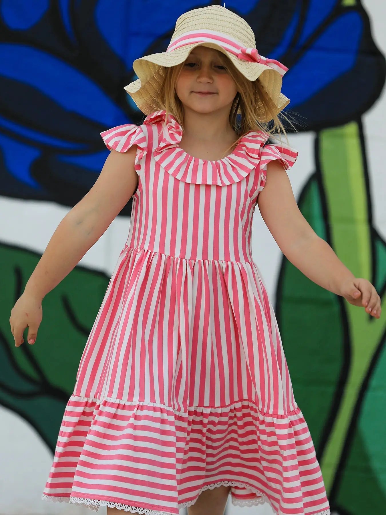 Rylee Faith Designs Spring Pink Striped Ruffled Girls' Dress with Hat - 