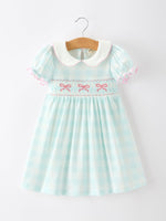 Spring Plaid Bow Girls Dress Smocked Petals Collar Puff Sleeve - Textile, Collar, Pink, One-piece garment, Day Dress | Everetts Place