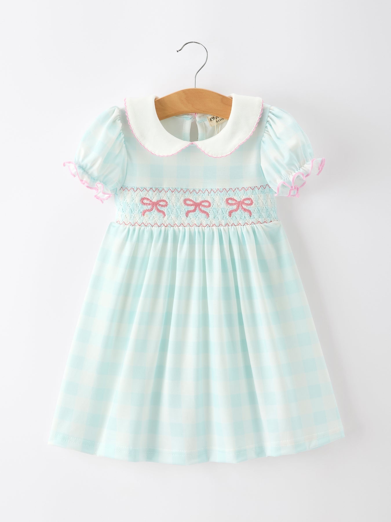 Spring Plaid Bow Girls Dress Smocked Petals Collar Puff Sleeve - Textile, Collar, Pink, One-piece garment, Day Dress | Everetts Place