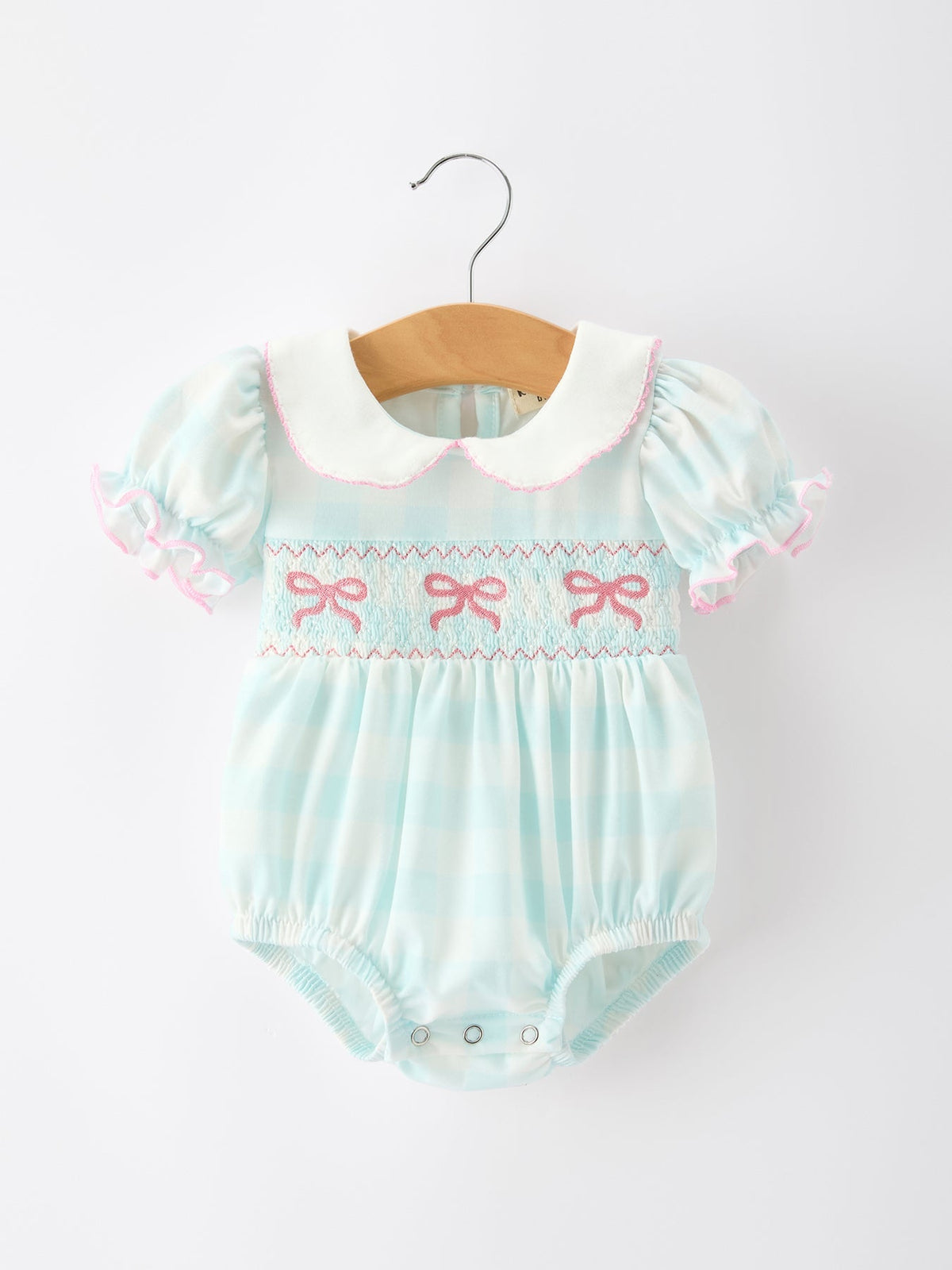 Spring Plaid Bow Girls Romper Smocked Petals Collar Puff Sleeve - Collar, Baby & Toddler Clothing, Pink, Bow tie, Embellishment | Everetts Place