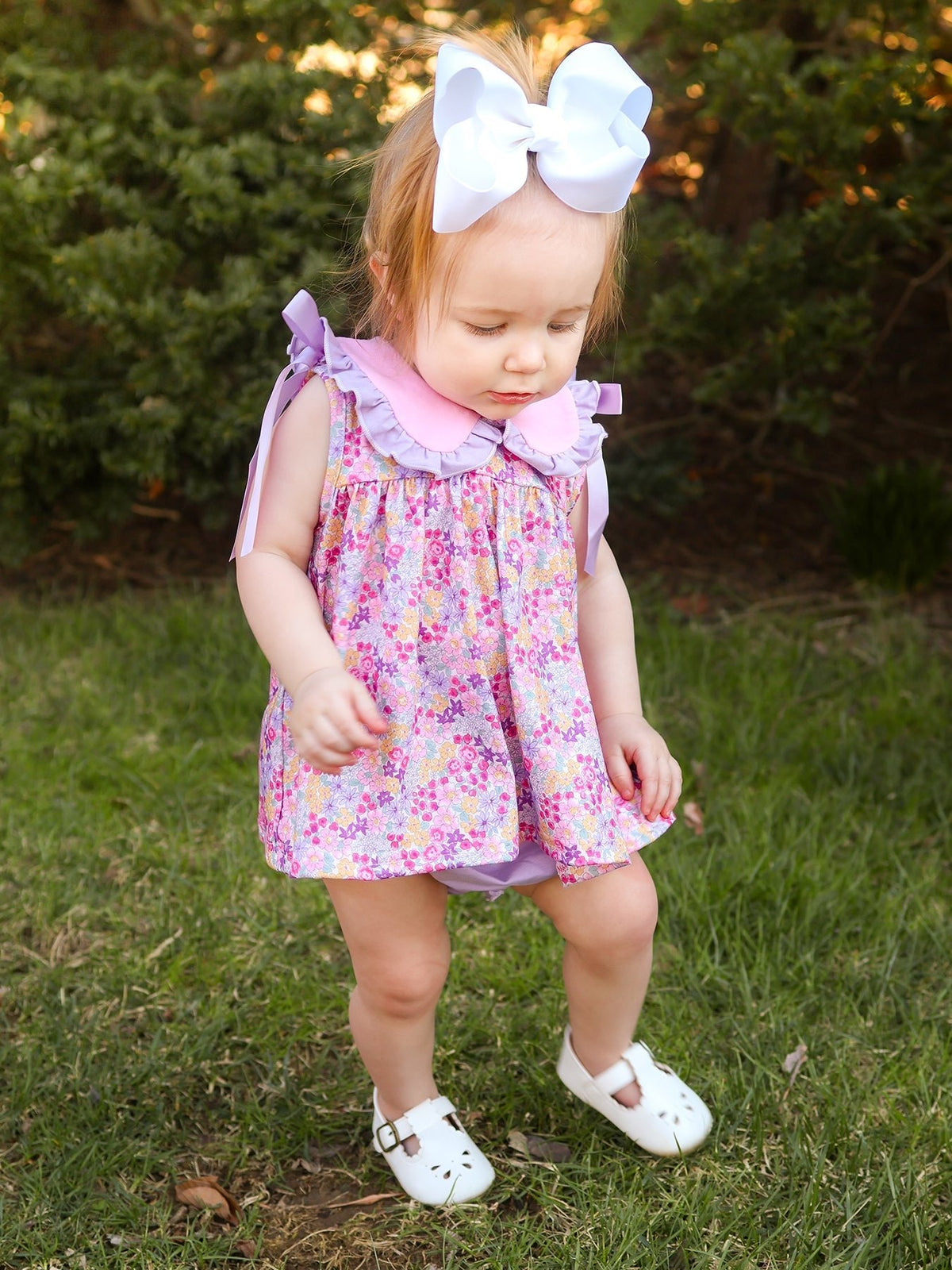 Rylee Faith Designs Spring Purple Floral Bow Ruffle Girl Bloomer SetEveretts Place