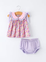 Rylee Faith Designs Spring Purple Floral Bow Ruffle Girl Bloomer SetEveretts Place